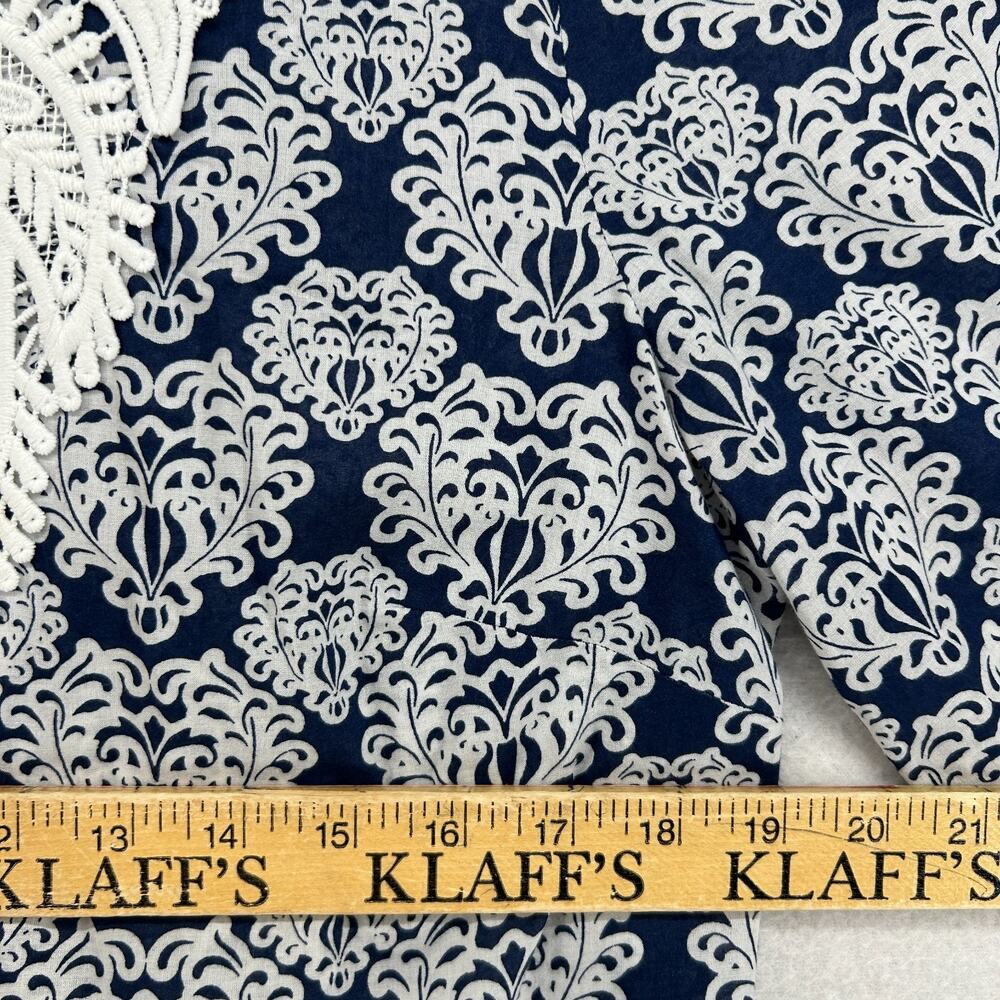 TALBOTS Top M Lace Bib Tunic Medallion Print Split Neck 3/4 Sleeve Cotton Blue - Picture 8 of 10